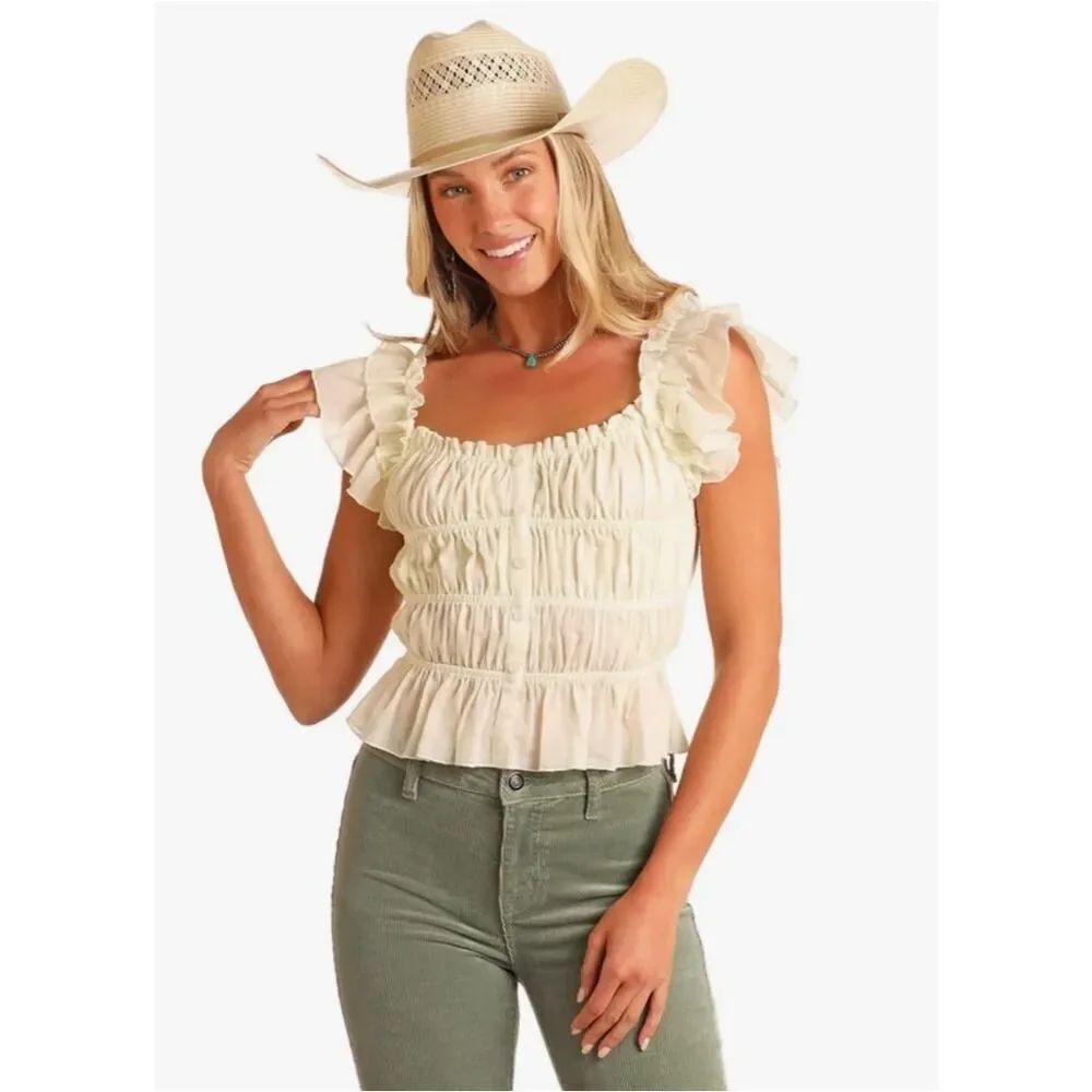 Rock & Roll Denim Cream Ruched Crop Top sz S